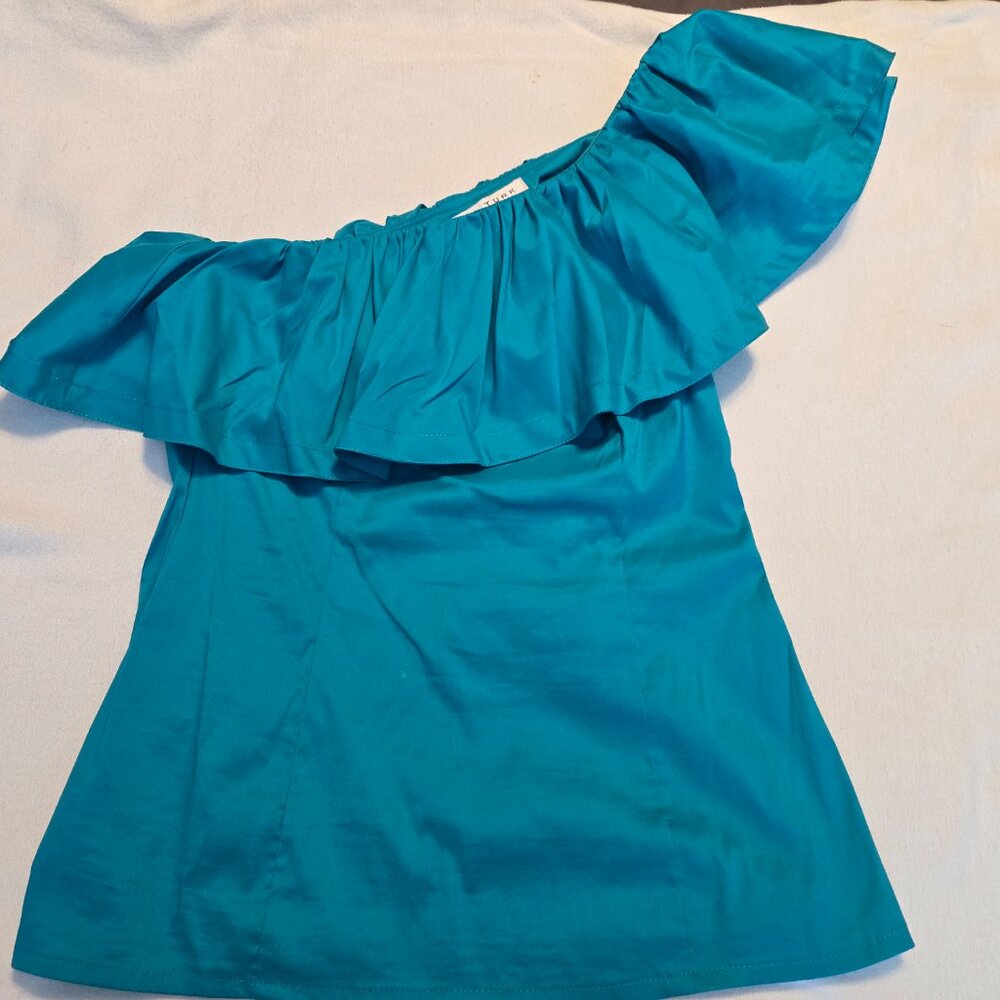 Trina Turk Teal Off Shoulder Ruffle Top Size 6 S Small One Shoulder Fitted GUC